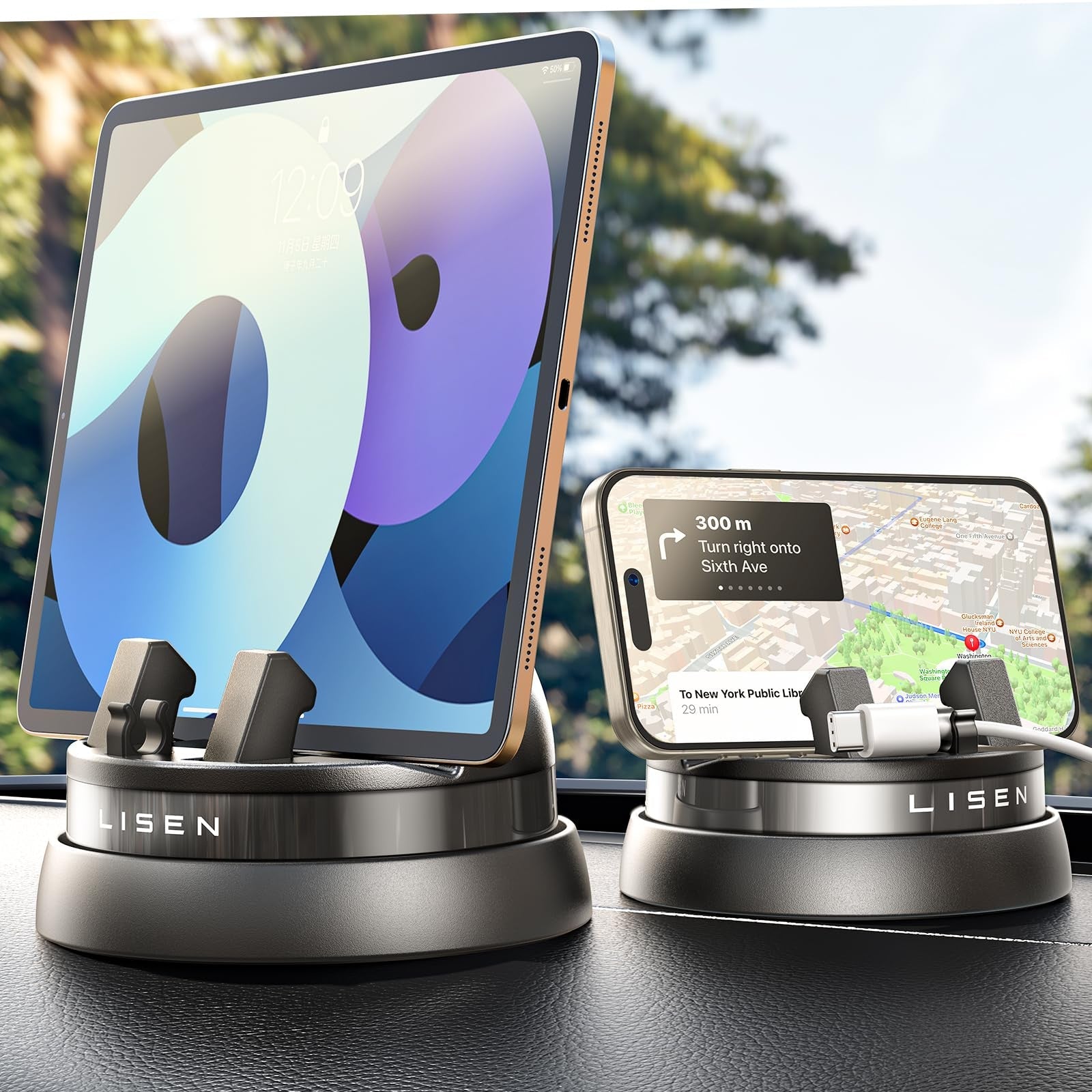 LISEN Phone Holder for Car Dashboard, 360° Rotatable Dash Mount - Universal Fit