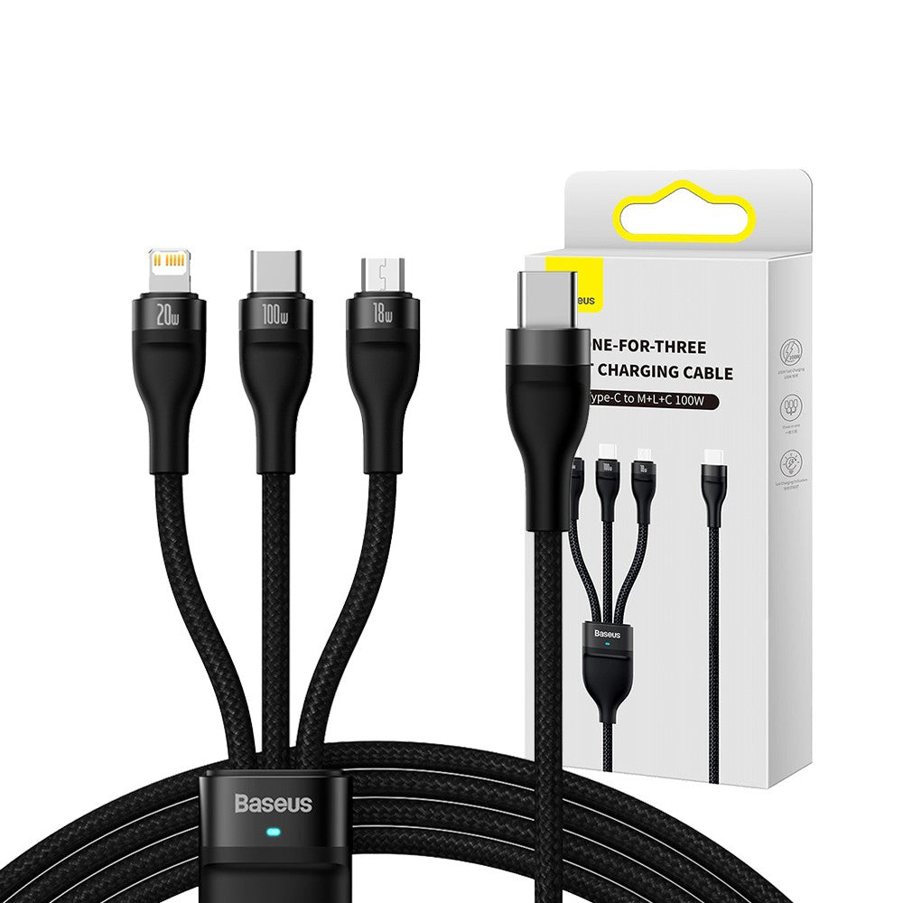 Baseus Flash Series 2 One Drag Three Quick Charging Wire Type-C to M+L+C 100W 1.5M-Black Compatible for iPhone 15 Series