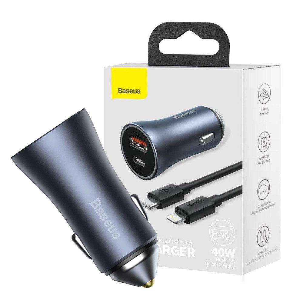 Baseus Golden Contactor Pro Dual Quick Charger Car Charger U+C 40W (With Simple Wisdom Data Cable Type-C to iP 1m)-Dark Gray
