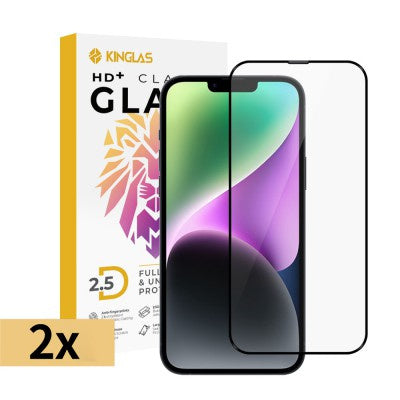 iPhone 13 / 13 Pro / 14 / 16E / 17E Kinglas 2 Packs 2.5D Full Coverage Silk Printing Black Edge Tempered Glass Screen Protector