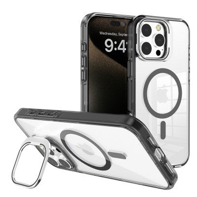 iPhone 16 Pro REDEFINE Lens Flip Stand Transparent Case Cover With Magnetic Ring (Black）