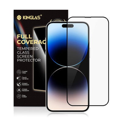iPhone 15 Pro Max Kinglas 2.5D Full Coverage Silk Printing Black Edge Tempered Glass Screen Protector