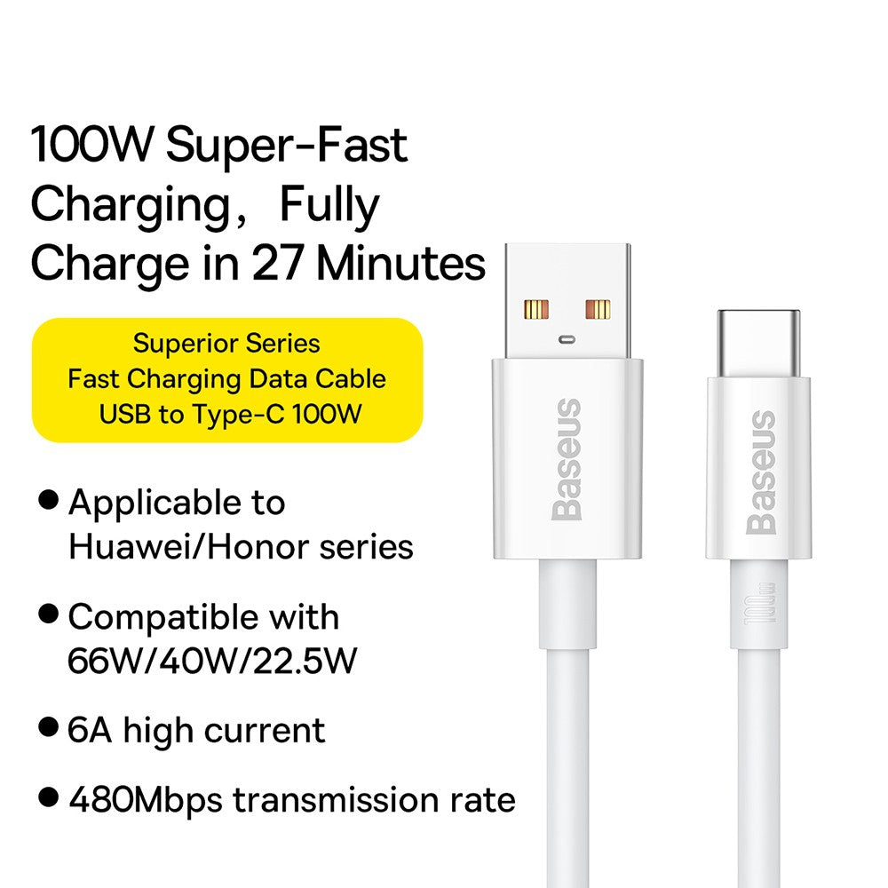Baseus Superior Series Fast Charging Data Cable USB to Type-C 100W 2M-Whit