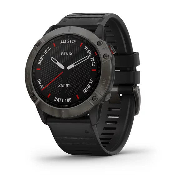 Garmin Fenix 6X Pro Solar GPS Smart Sports Watch (Titanium Carbon Gray DLC with Black Band) - Excellent Condition