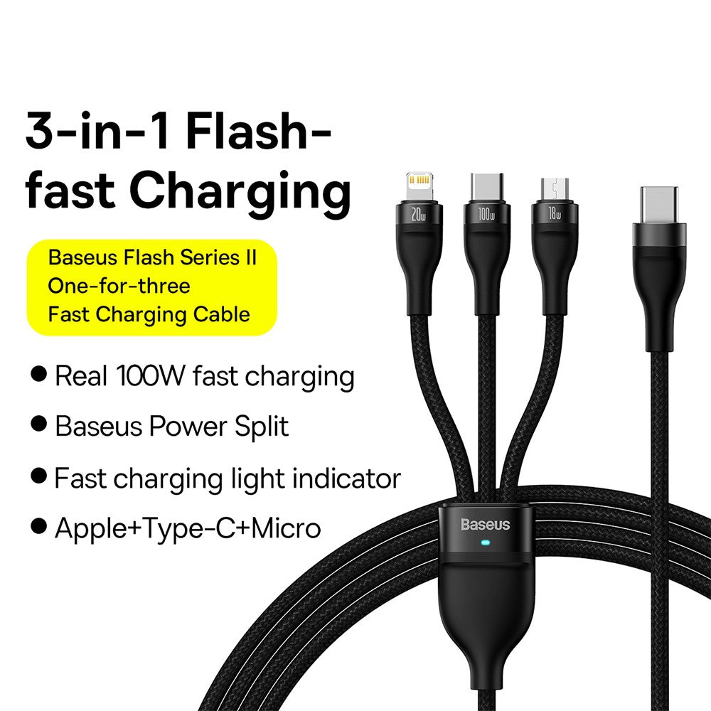 Baseus Flash Series 2 One Drag Three Quick Charging Wire Type-C to M+L+C 100W 1.5M-Black Compatible for iPhone 15 Series