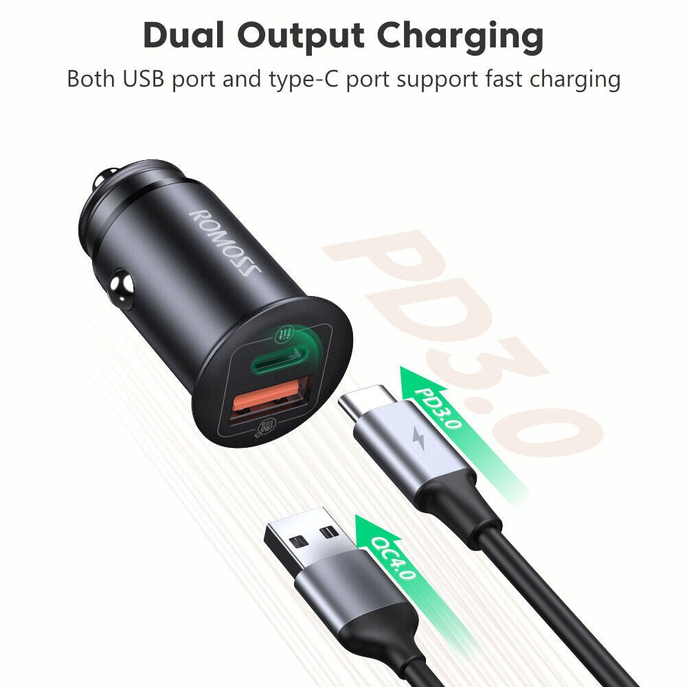 Romoss AU30T 30W USB & Type C Port Quick Charge 3.0 PD Car Adapter