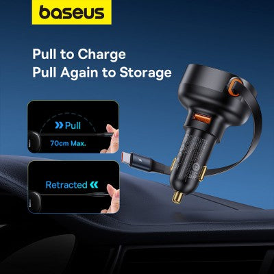 Baseus Enjoyment Pro Car Charger U+Retractable Type-C Cable 60W-Cluster Black
