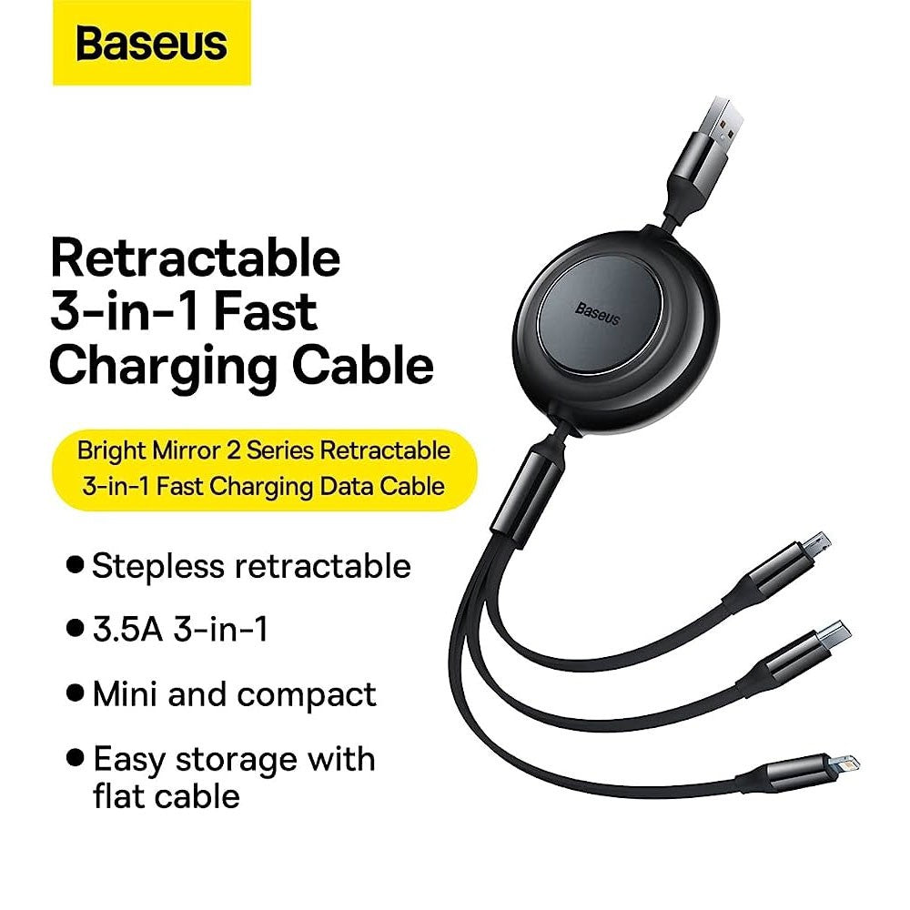 Baseus Bright Mirror 2 Series Retractable 3-in-1 Fast Charging Data Cable USB to M+L+C 3.5A 1.1m