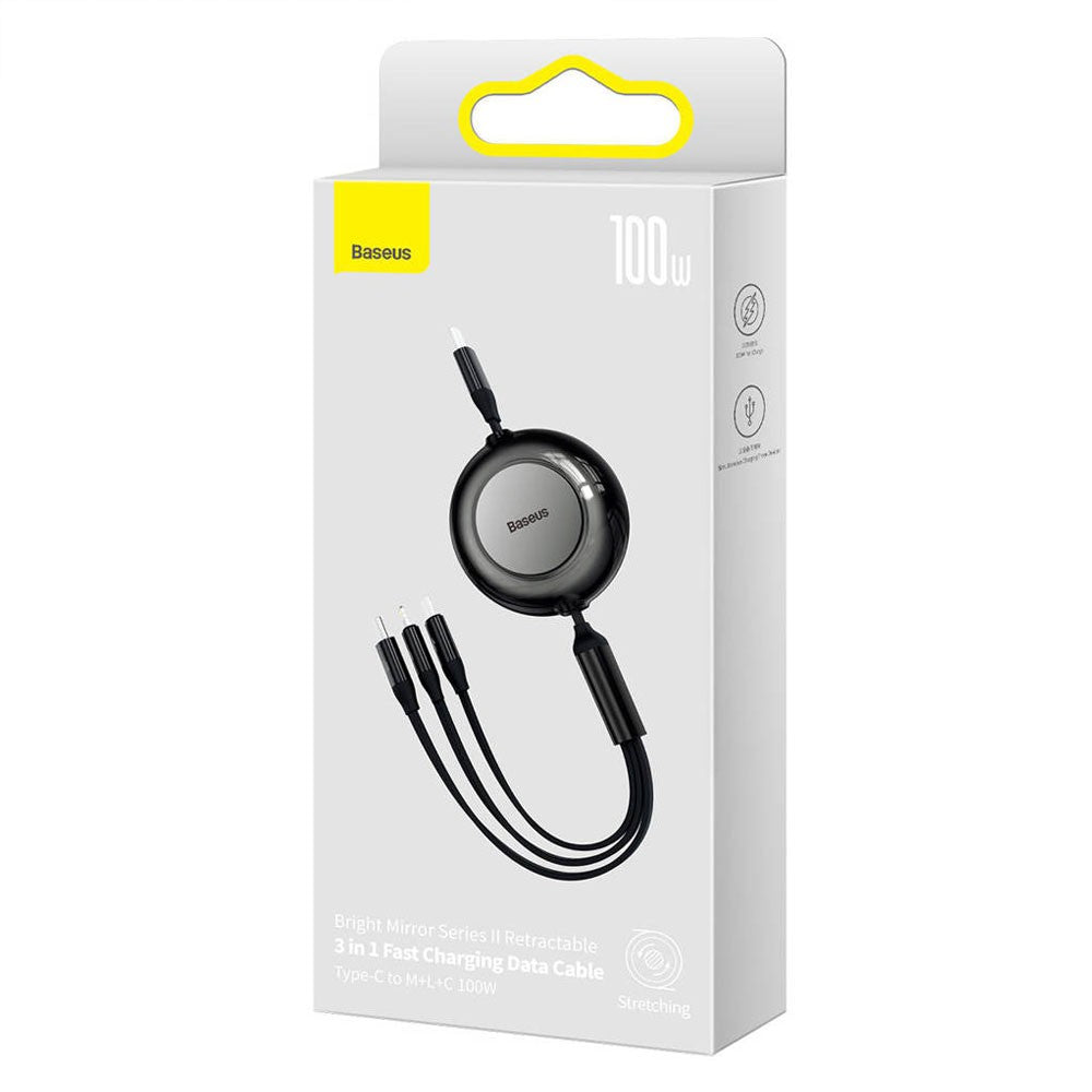 Baseus Bright Mirror 2 Series Retractable 3-in-1 Fast Charging Data Cable Type-C to M+L+C 100W 1.1m