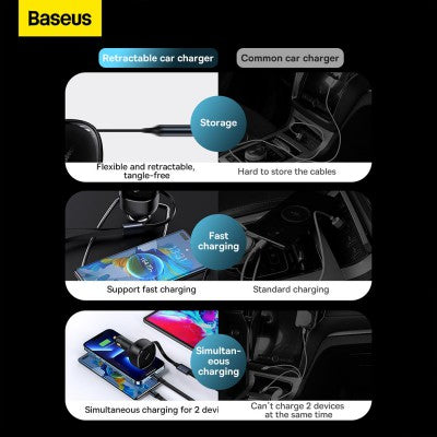 Baseus Enjoyment Retractable 2-in-1 Car Charger C+L 30W-Black