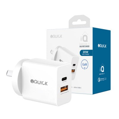 iQuick GaN II 20W PD3.0 + QC3.0 Dual-Port Charging Adapter – White