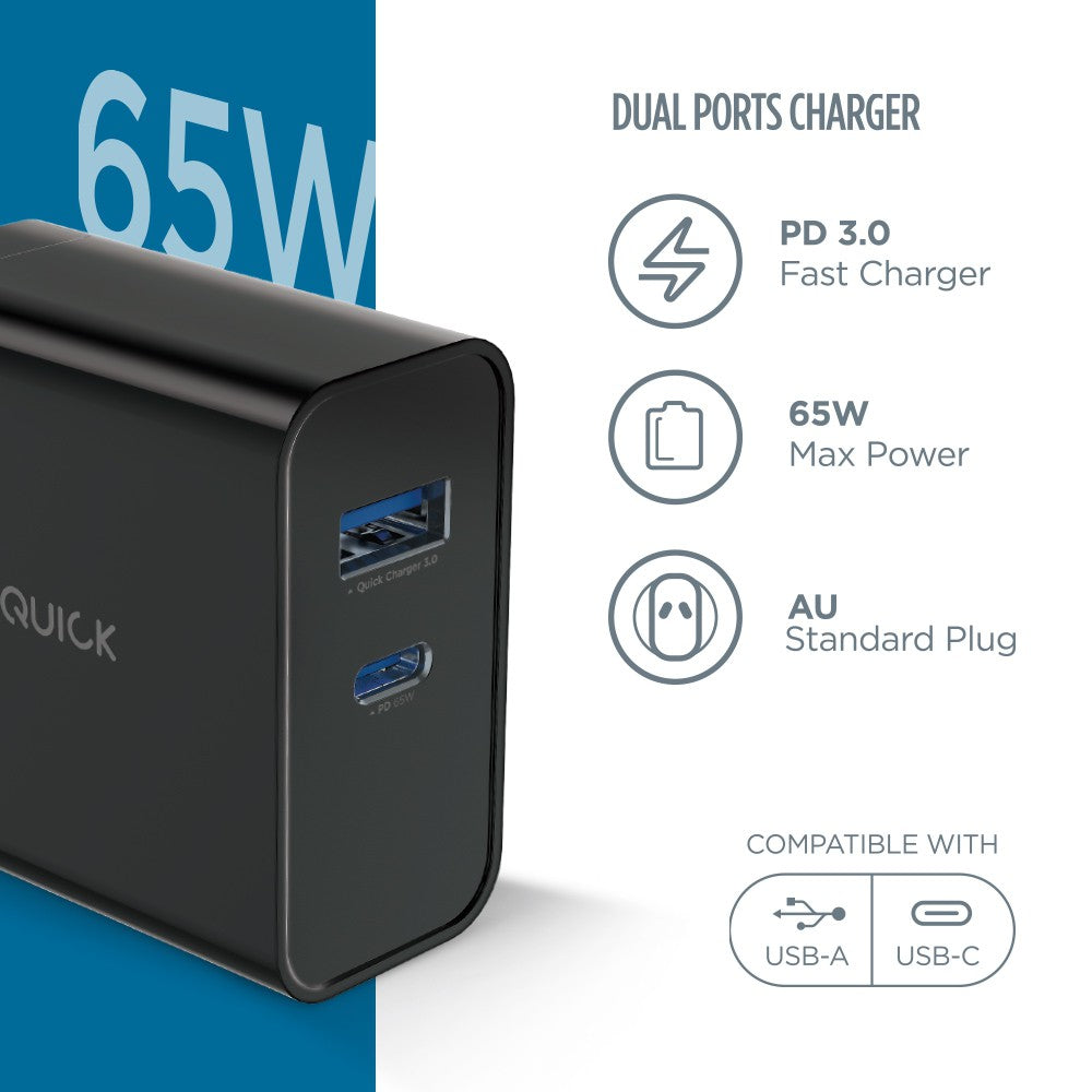 iQuick GaN 65W PD3.0+QC3.0 Fast Charging Adapter