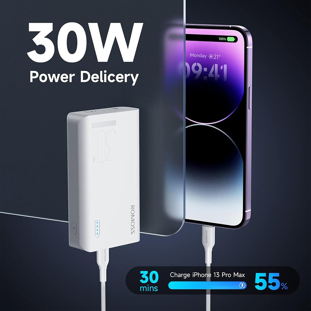 Romoss Sense4S Pro 30W 10000mAh Powe Bank Two-way Fast Charging Power Bank Type-C 3 Input 3 Output-White