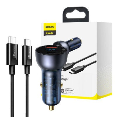 Baseus Particular Digital Display QC+PPS Dual Quick Charger Car Charger 65W (With Type-C to Type-C 100W Cable (20V/5A) 1m)-Dark Gray